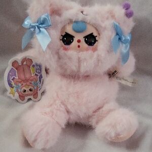 Baby Three Cute Pink Plush Cosmetic/Pencil Bag with Blue Bows